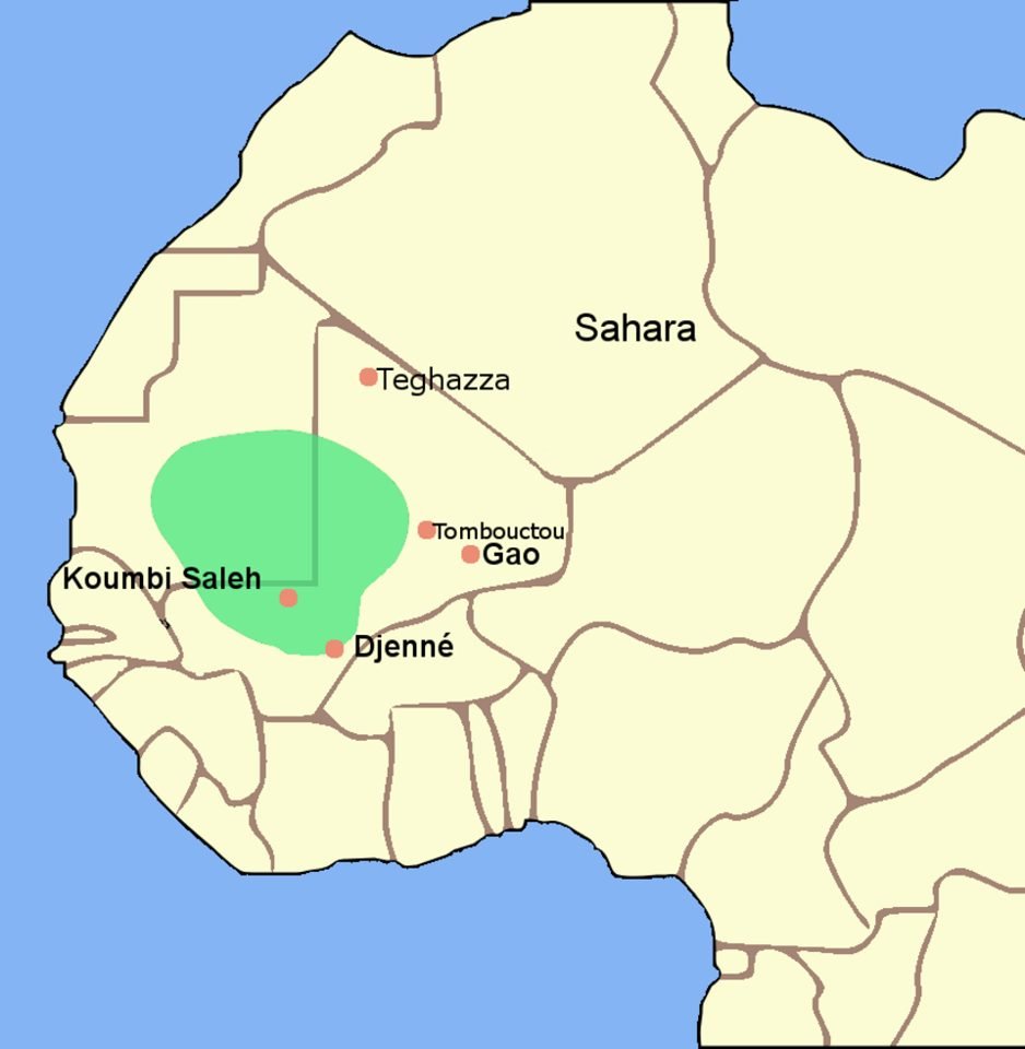 Carte de l'empire du Ghana avec Koumbi Saleh, Tombouctou et Gao