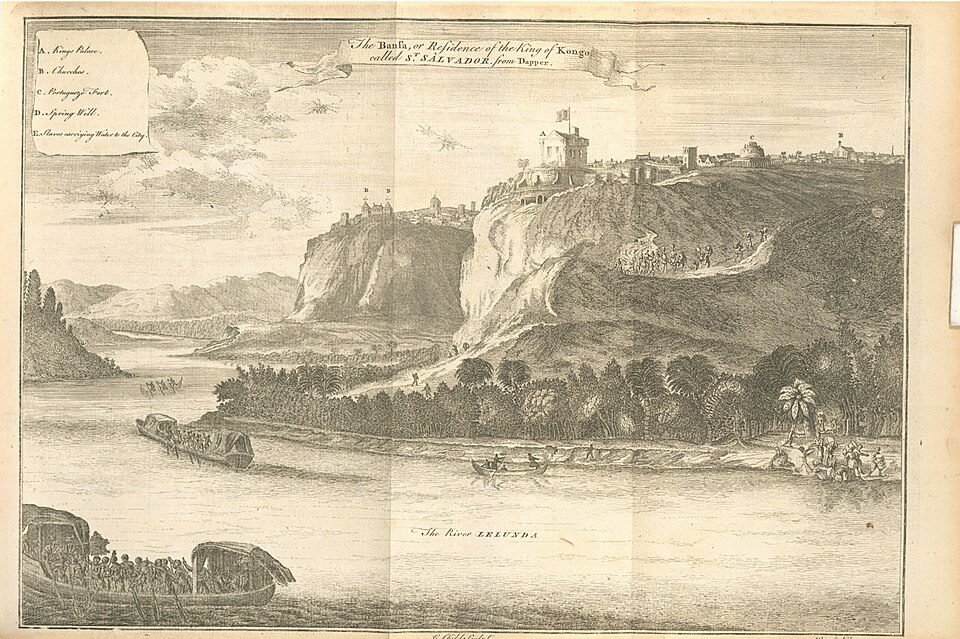 Gravure européenne représentant São Salvador, capitale du royaume du Kongo