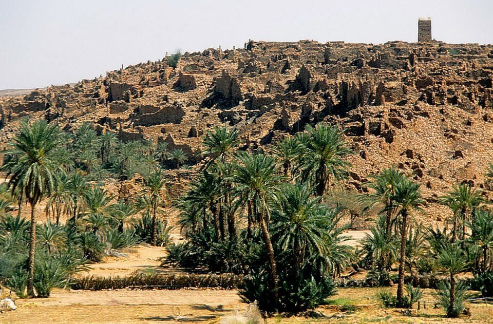 Ruines de la vieille ville de Ouadane au-dessus de la palmeraie