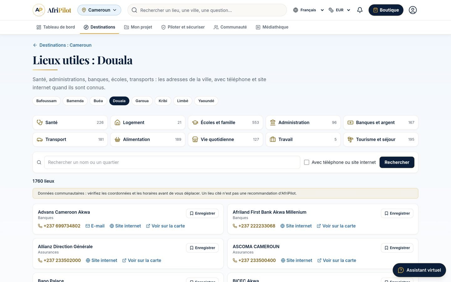 Lieux utiles de Douala classés par thème dans AfriPilot