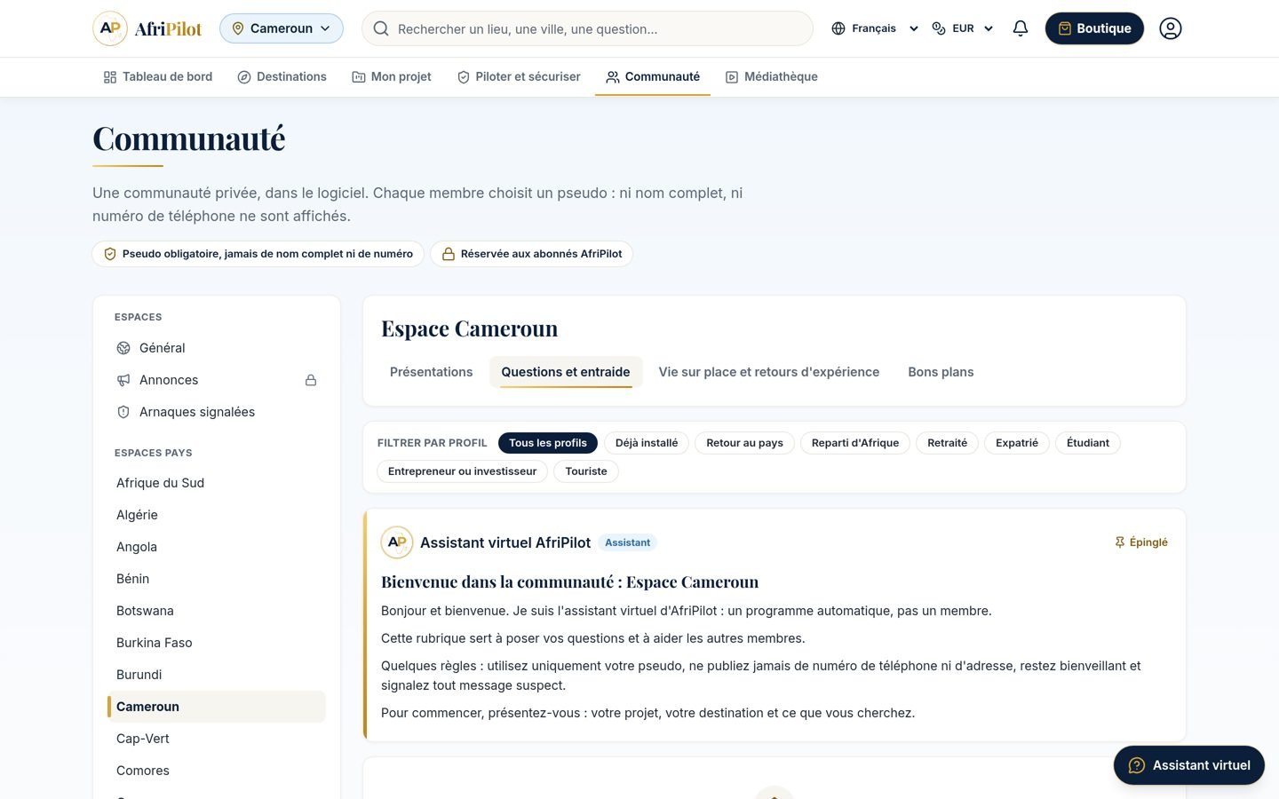 Communauté AfriPilot : espaces par pays et filtre par profil
