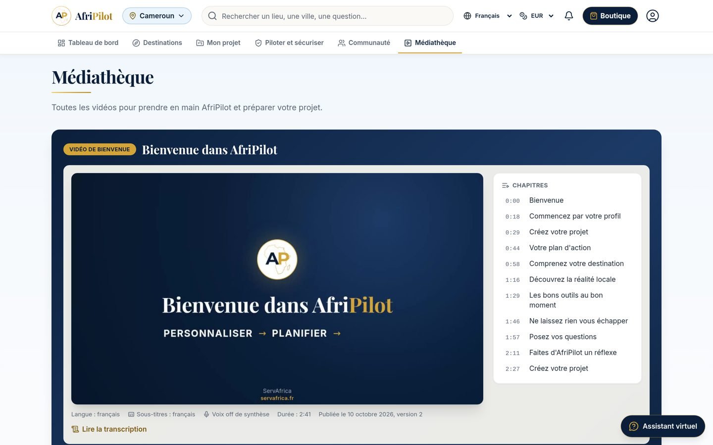 Médiathèque d'AfriPilot avec la vidéo de bienvenue et ses chapitres