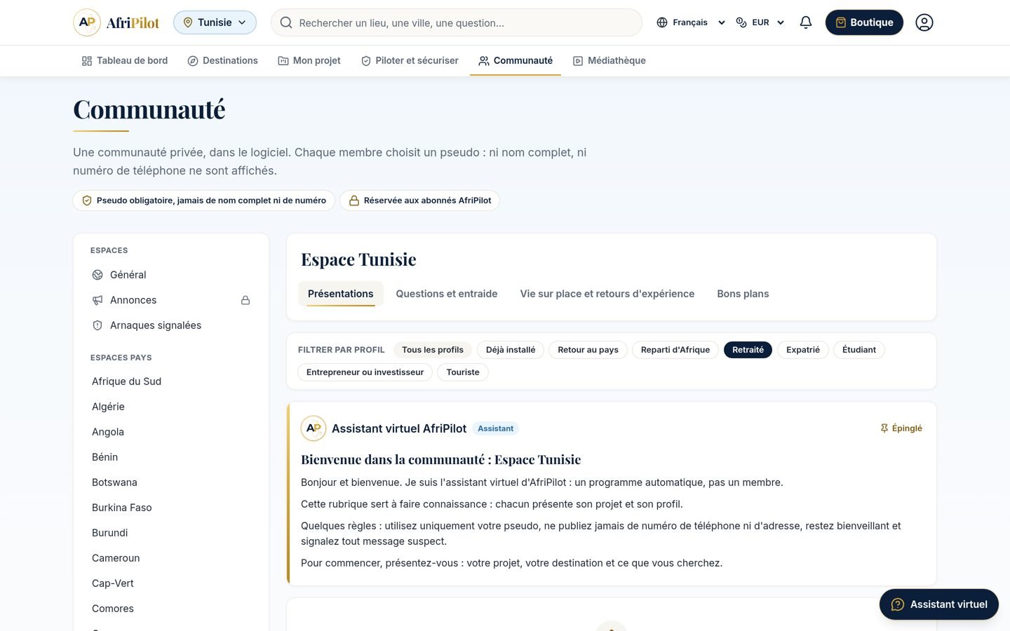 Communauté AfriPilot, espace Tunisie, filtre Retraité