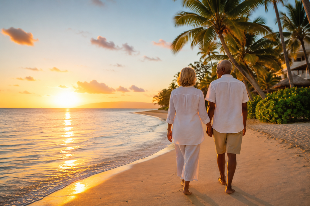 retraite en bord de mer en afrique Couple international de retraités marchant main dans la main sur une plage tropicale au coucher du soleil avec palmiers et océan calme.