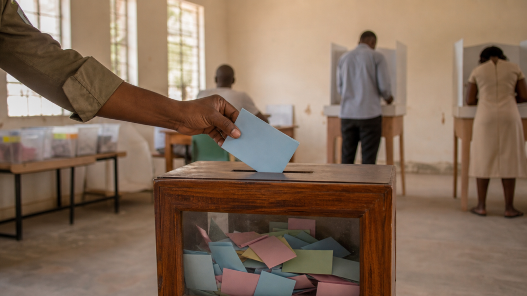 Illustration : urne de vote avec bulletins lors d'un scrutin démocratique en Afrique.