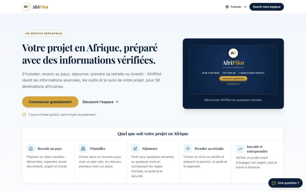Page de présentation d'AfriPilot, service de ServAfrica