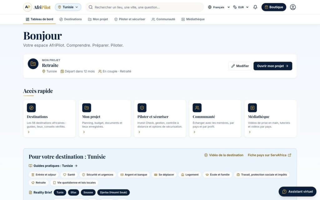 Espace AfriPilot avec un projet de retraite en Tunisie (exemple de démonstration)