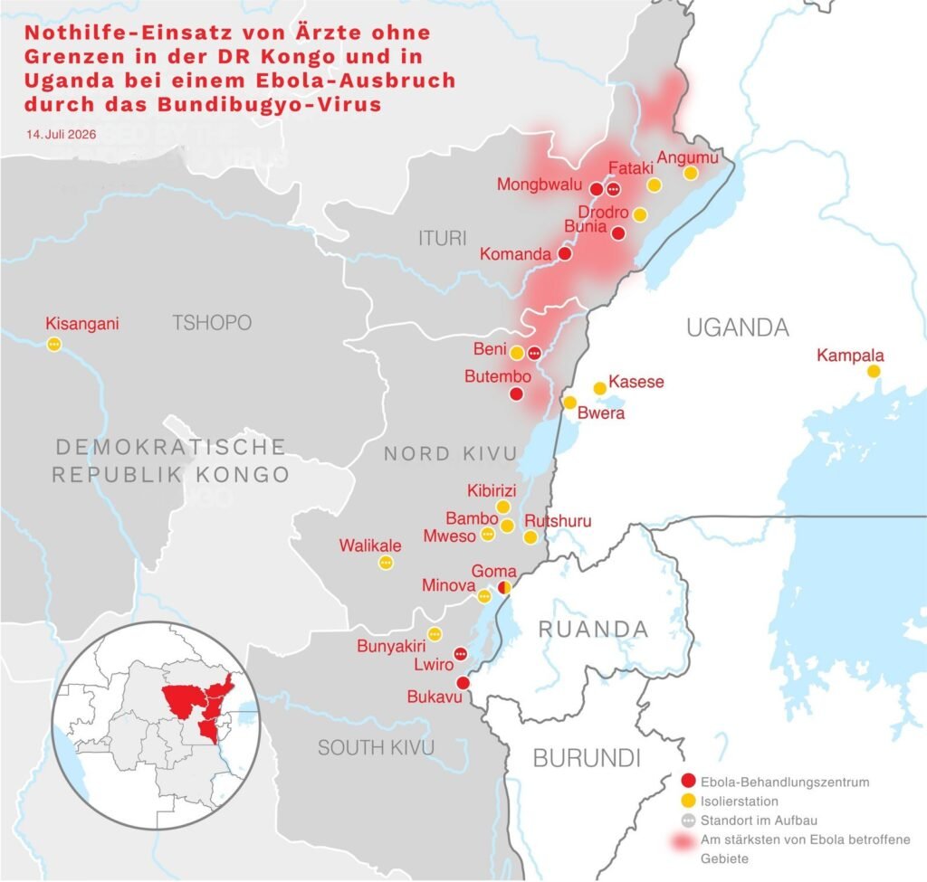Carte de l'intervention de Médecins sans frontières contre Ebola en RD Congo et en Ouganda