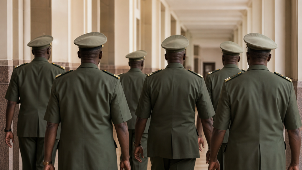 Illustration : bâtiment administratif militaire camerounais ou officiers en uniforme dans un contexte institutionnel.