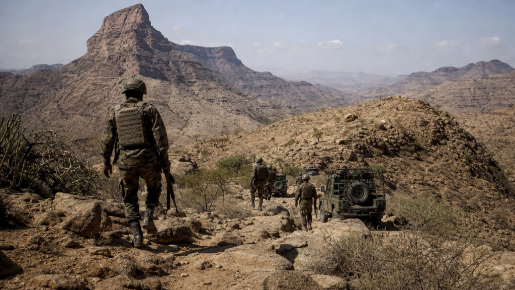 Illustration : Patrouille militaire en zone frontalière montagneuse d'Afrique de l'Est.
