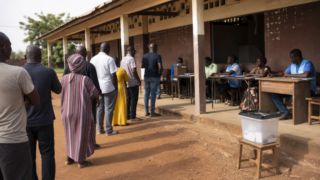 Illustration : file d'électeurs devant un bureau de vote en Guinée, jour d'élection.