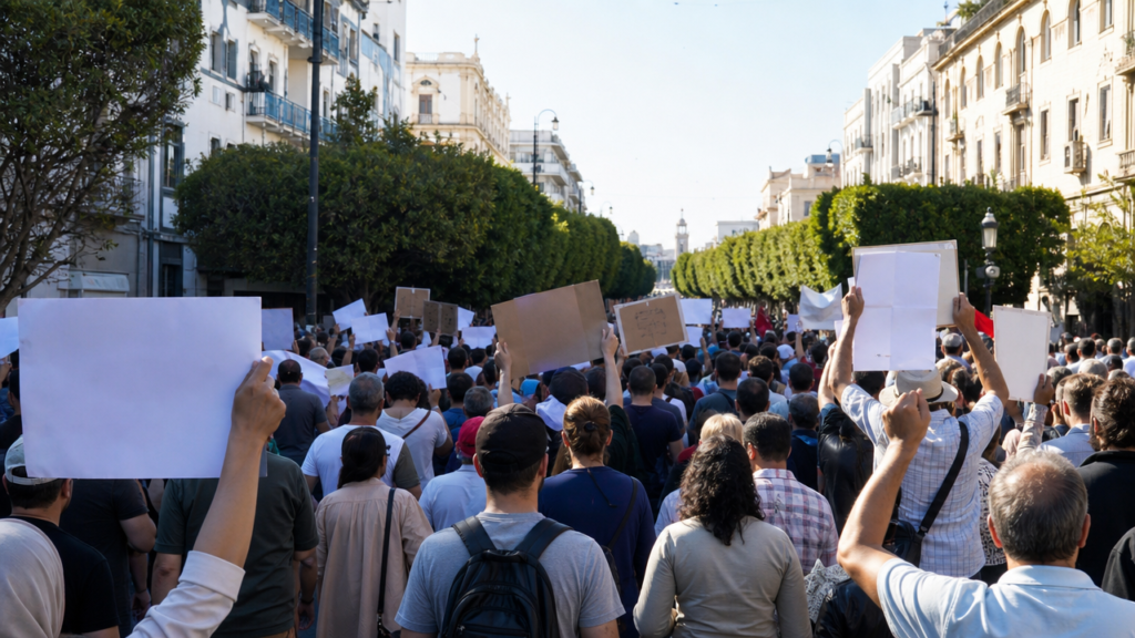 Illustration : manifestation politique dans une rue de Tunis avec des citoyens rassemblés portant des pancartes de protestation.