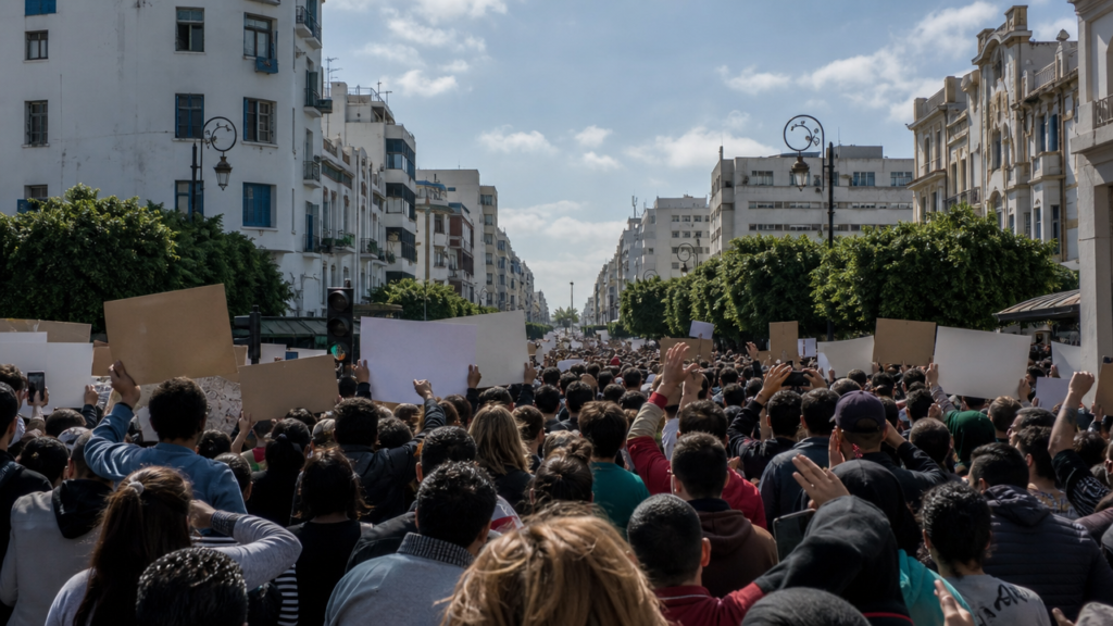 Illustration : manifestants dans une rue de Tunis tenant des pancartes lors d'une protestation de masse.