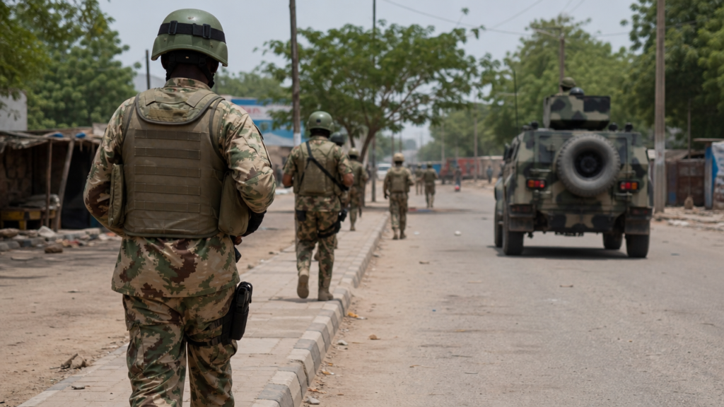 Illustration : Patrouille militaire nigériane en opération de sécurité dans un environnement urbain.