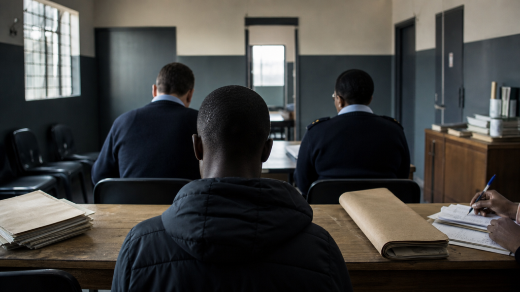 Illustration : Salle d'audience administrative d'un poste de police sud-africain lors d'une procédure disciplinaire.