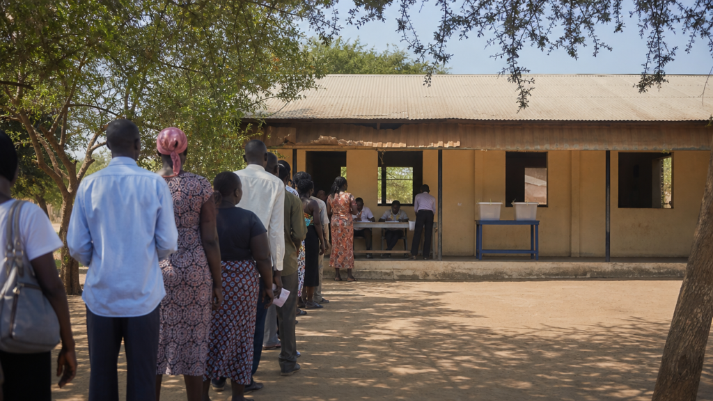 Illustration : file d'électeurs devant un bureau de vote au Soudan du Sud lors des préparatifs électoraux.